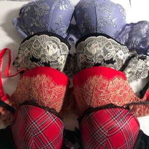Victoria's Secret Lace and Plaid Bra Collection - Purple, Black, Red
